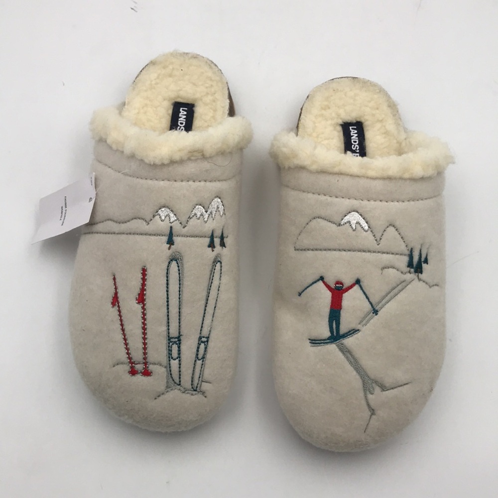 Lands End Felt Scuff Slippers Embroidered Snow Skiers
